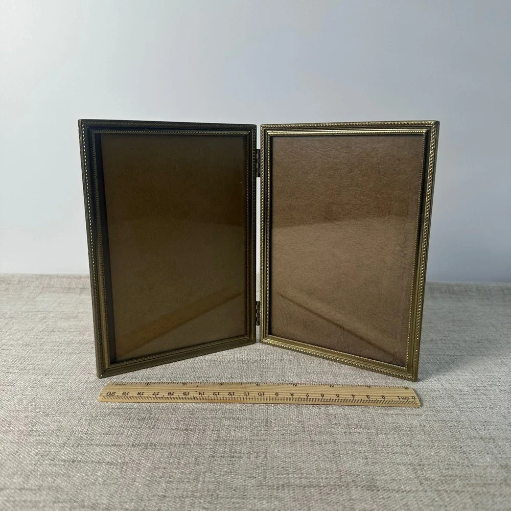 Vintage Brass Tone Double Picture Frame 5x7 | Ornate Hinged Folding Metal Frame